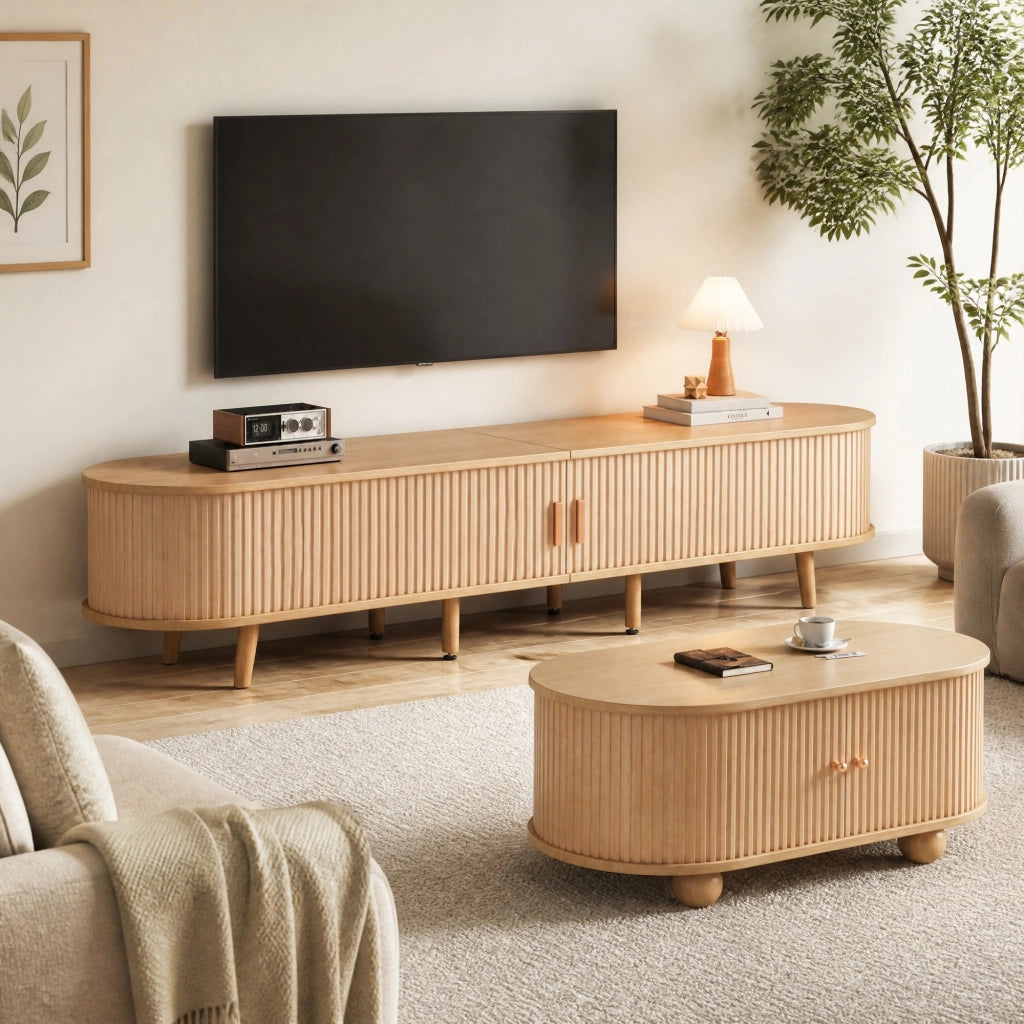 Set mobile TV e tavolino in MDF noce chiaro con contenitore