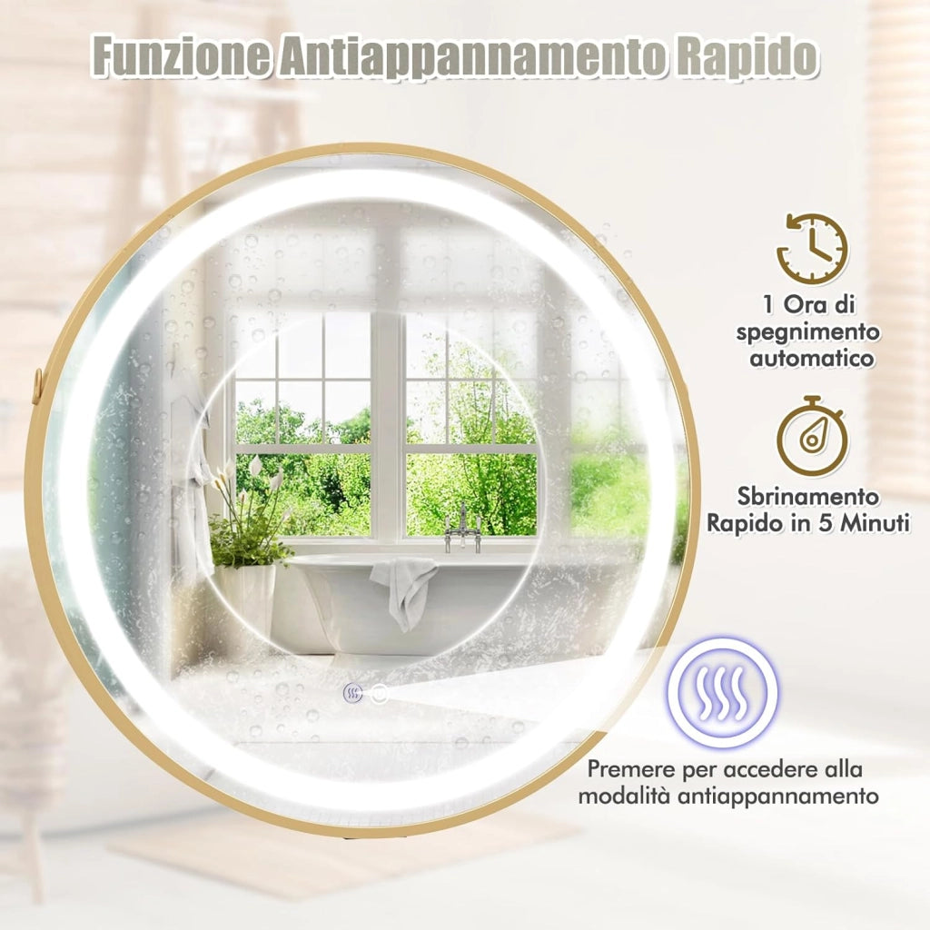 Specchio da Parete 60 x 60cm, Specchio da Bagno Rotondo Moderno con Interruttore Touch, Funzione Antiappannamento, Luce Led Regolabile e Gancio per Soggirno Camera da Letto e Ingresso, IP44
