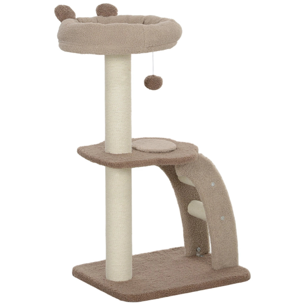 Albero Tiragraffi per Gatti 3 Livelli 48x40x88 cm Cuccia Rialzata in Juta e Peluche Bianco e Marrone