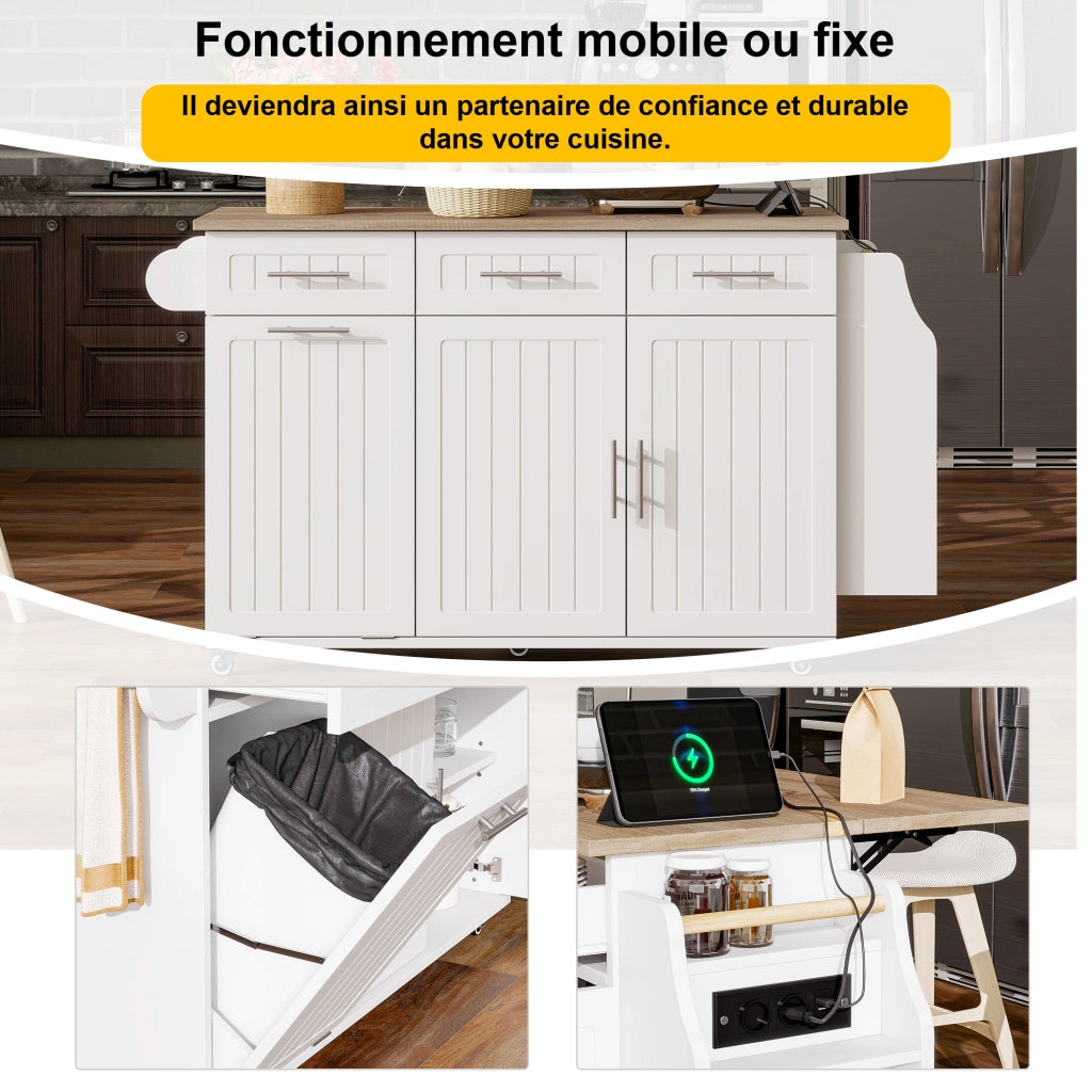 Mobile contenitore da cucina su ruote con piano estraibile, prese e USB, MDF bianco 120 × 40 × 90 cm