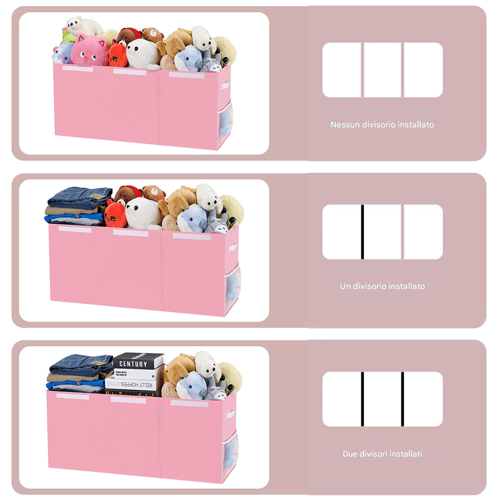 Contenitore Box 3 Scomparti Rosa Scatola Cesta Giocattoli Organizer Multiuso