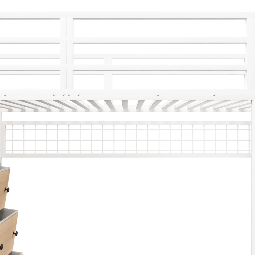 DESMIU Letto a soppalco 140 × 200 cm 2 posti con 8 cassetti, ripiani e LED, senza materasso, bianco