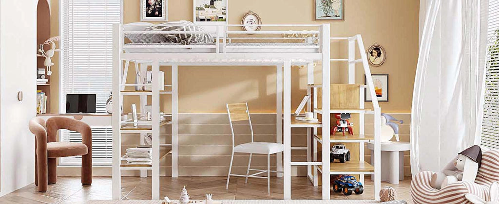 Letto alto bianco in metallo con scrivania armadio e scaffali a tre livelli 140x200 cm
