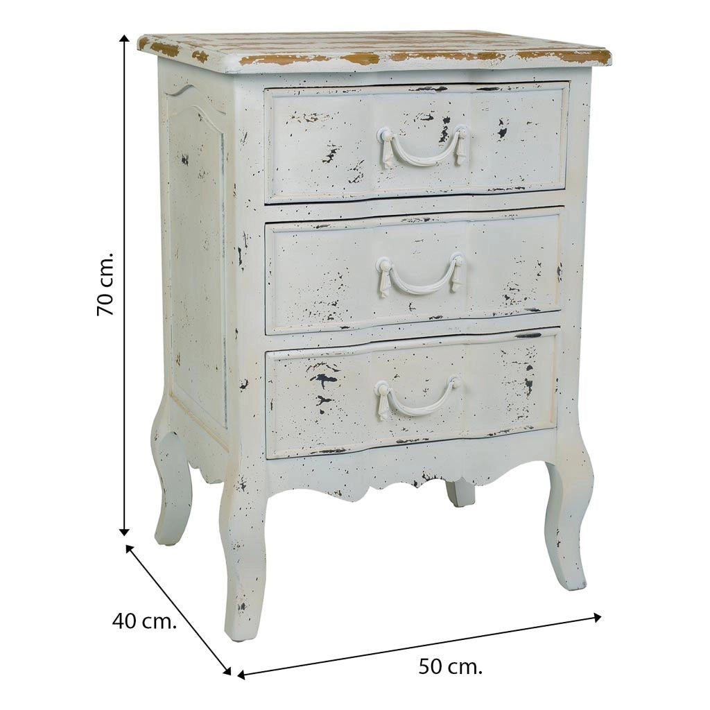 Comodino in legno laccato bianco invecchiato, dimensioni 50x40x70 cm.