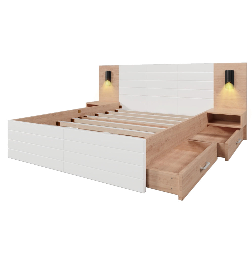Letto matrimoniale 140x200 cm in legno e MDF bianco e quercia con lampada da lettura e USB