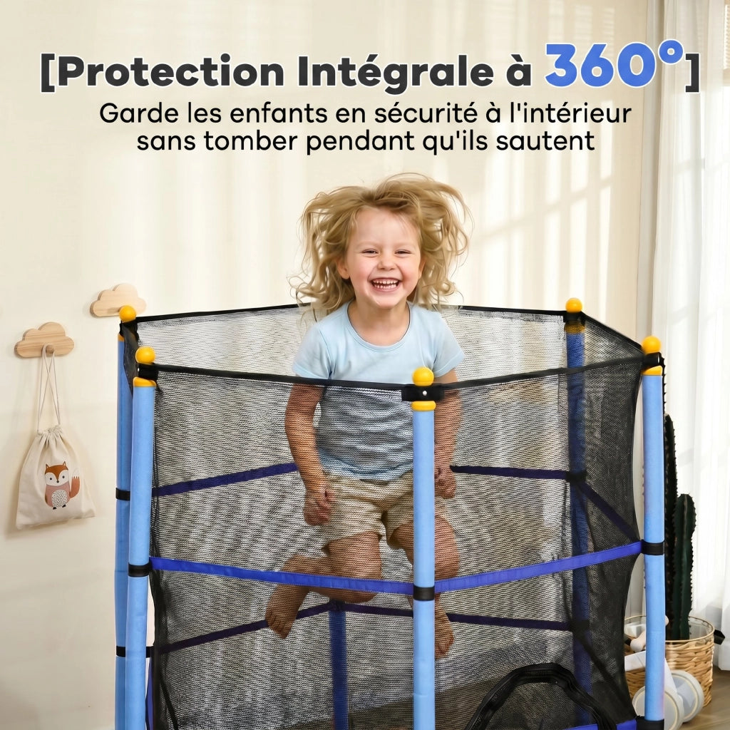 Trampolino bambini ? 163 cm con rete sicurezza porta zip copertura molle 6 pali imbottiti ¨C Xylo ¨C blu