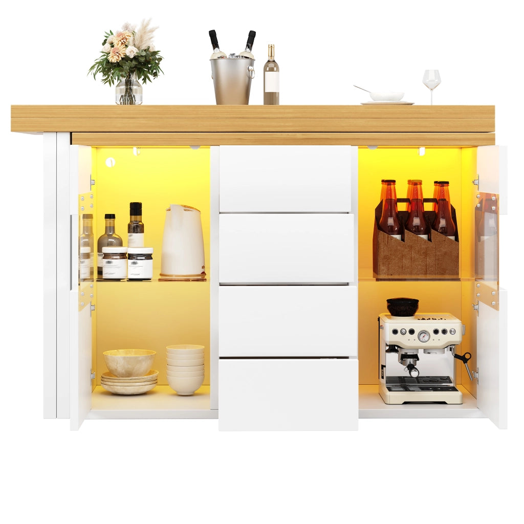 Isola cucina girevole 120-197 cm con LED RGB, 4 cassetti e ante in vetro, bianco