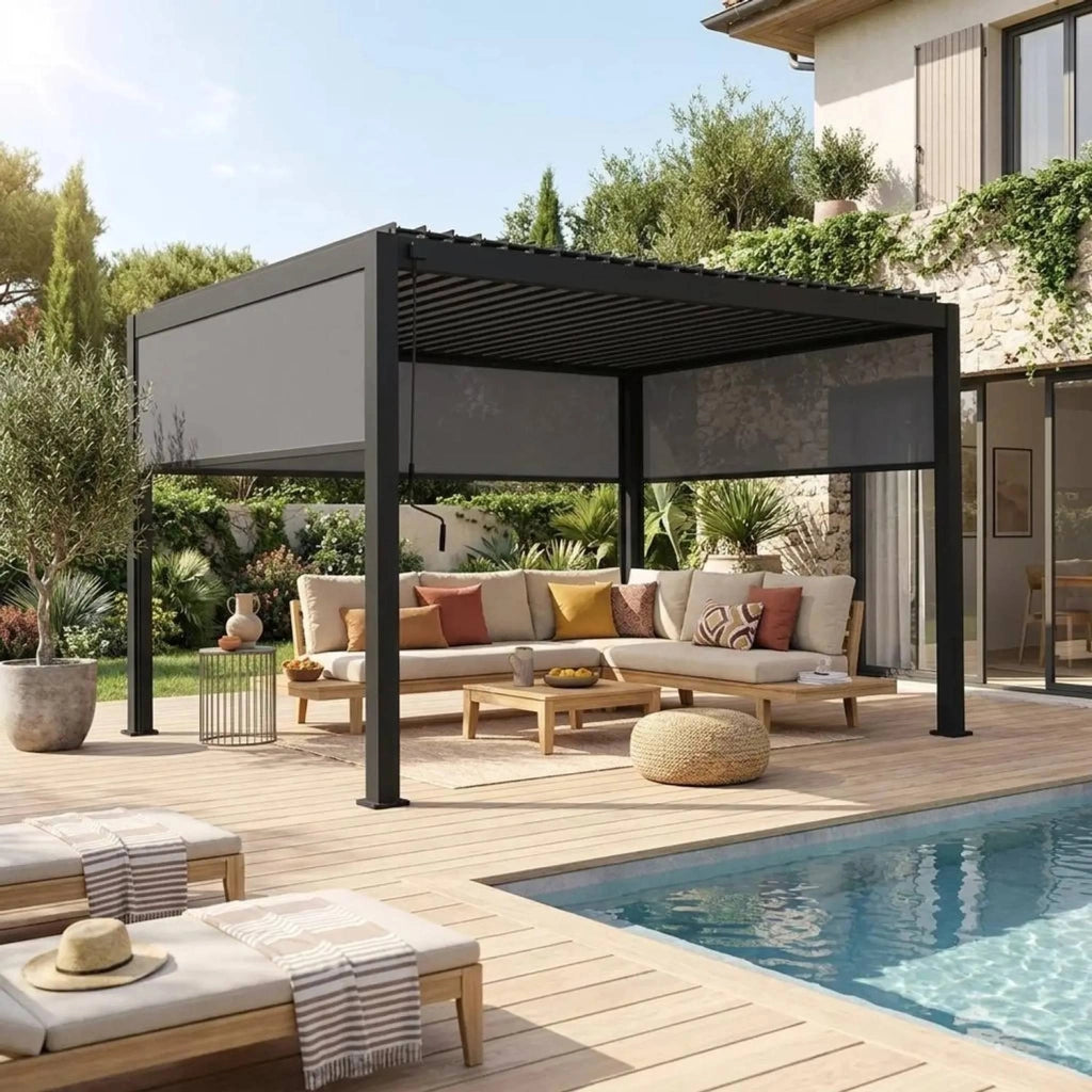 Pergola bioclimatica 3x4m in alluminio + 2 tende da 3m + 1 tenda da 4m