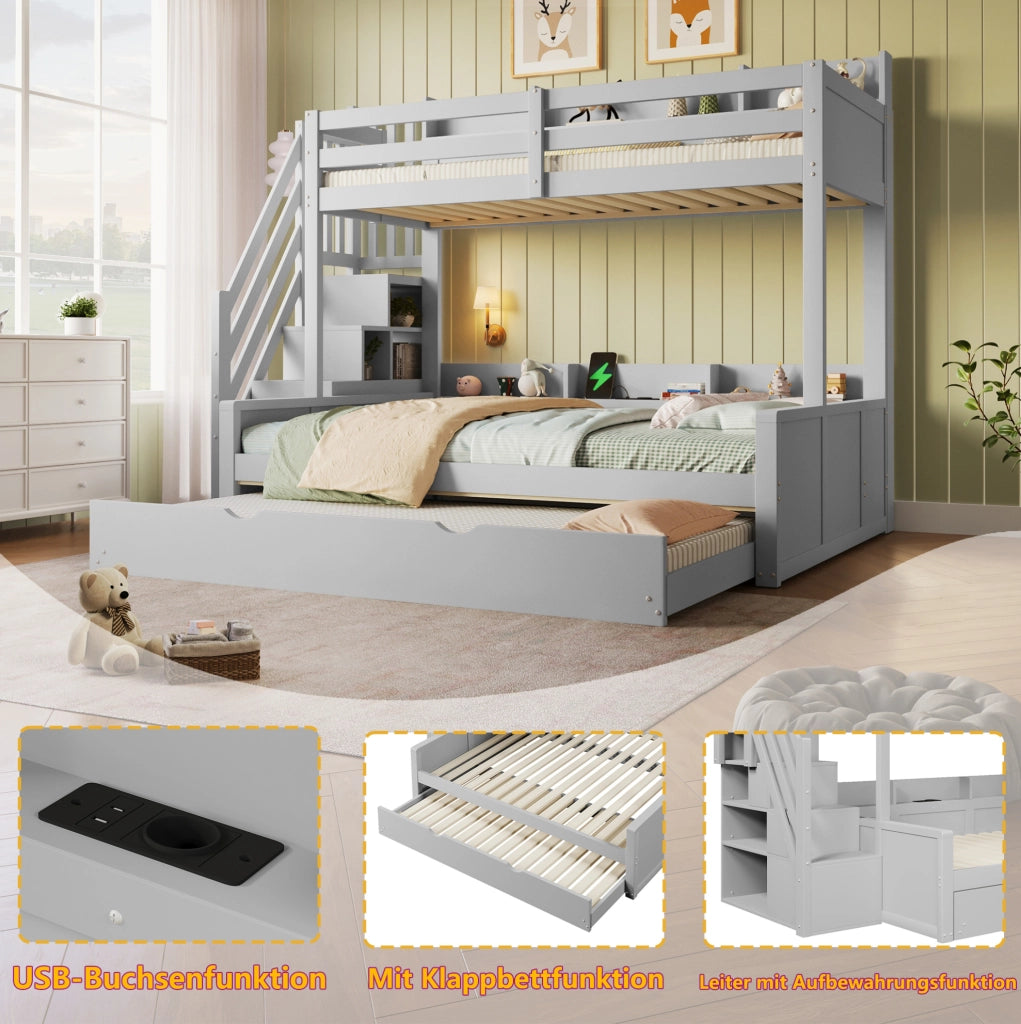 Letto a castello 90x200 e 140x200 cm con letto estraibile; scala contenitore e USB; grigio