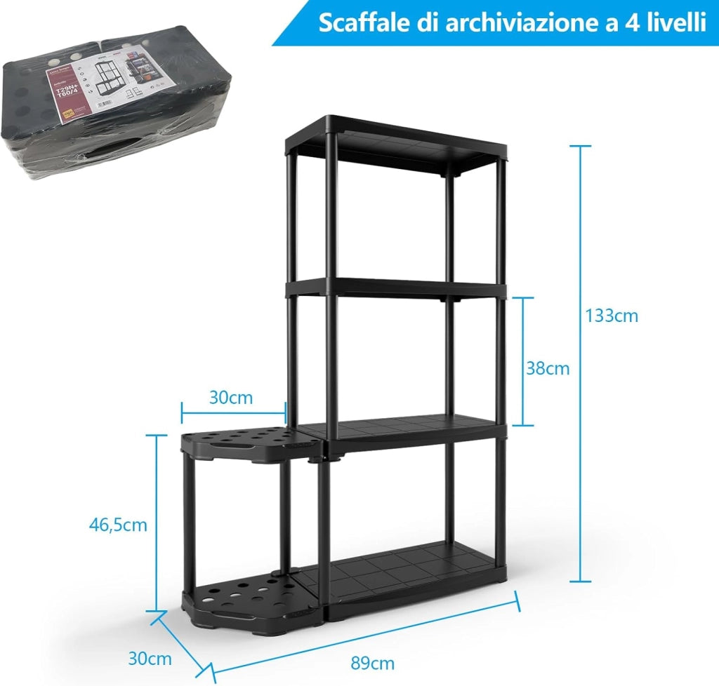 Scaffale per Garage a 4 Livelli con Portautensili, Scaffale di Stoccaggio Aperto con Supporto per Portautensili a 12 Fori per Attrezzi, per Magazzino Ripostiglio Seminterrato