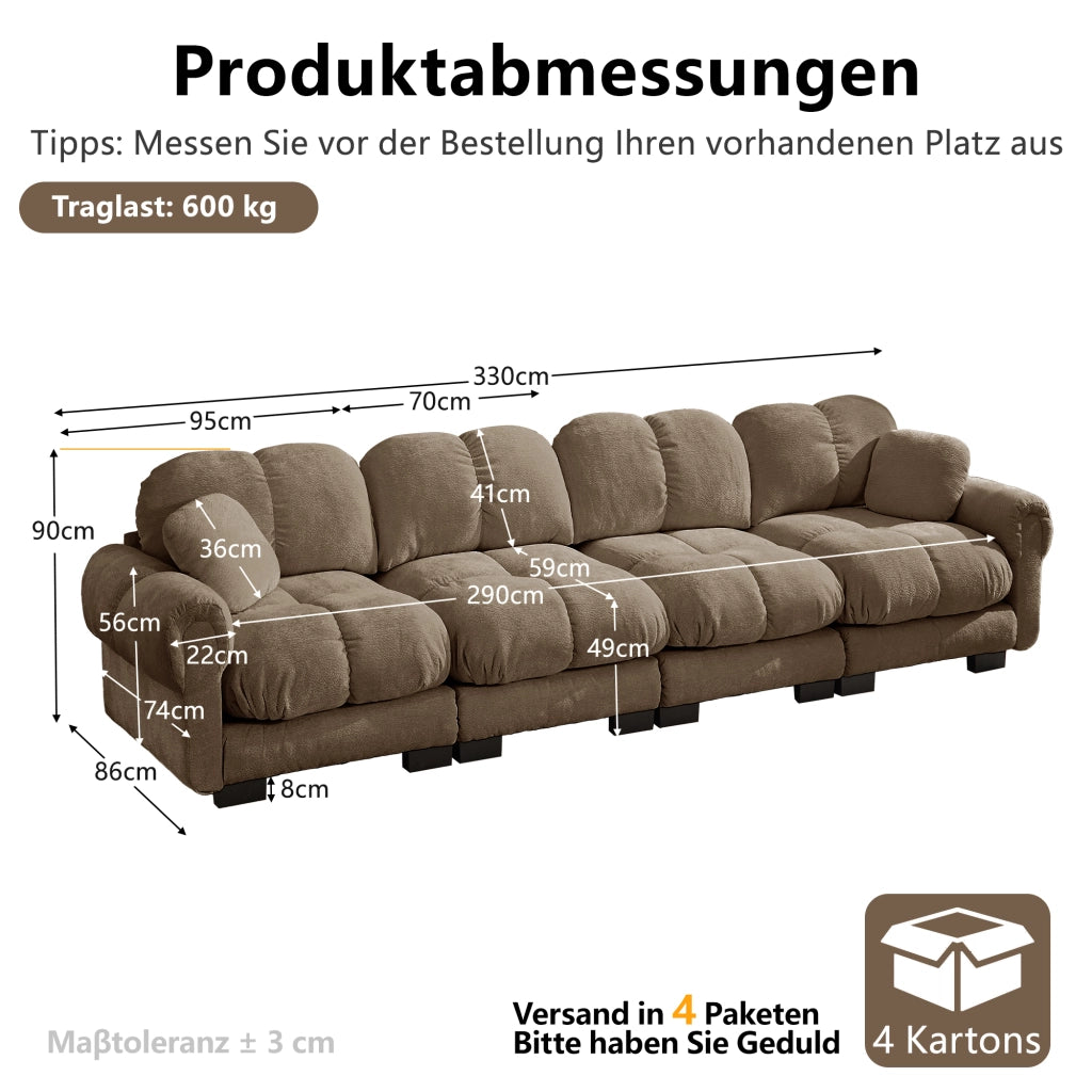 Divano modulare in chenille con seduta imbottita e schienale ergonomico e braccioli curvi marrone 330 × 86 × 90 cm