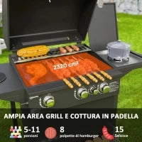 Barbecue a Gas con Bruciatori Indipendenti, Coperchio con Termometro e Tavolino Laterale, Nero