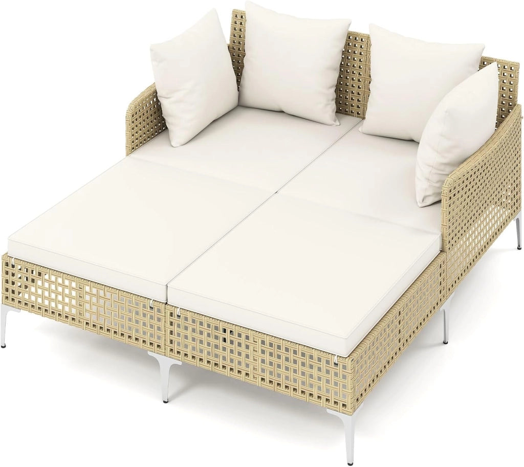 Lettino Prendisole per 2 Persone da Giardino, Divano Letto Matrimoniale da Esterno con Cuscini per Seduta e Schienale, Isola Prendisole per Cortile e Terrazza, 153 x 133 x 70 cm