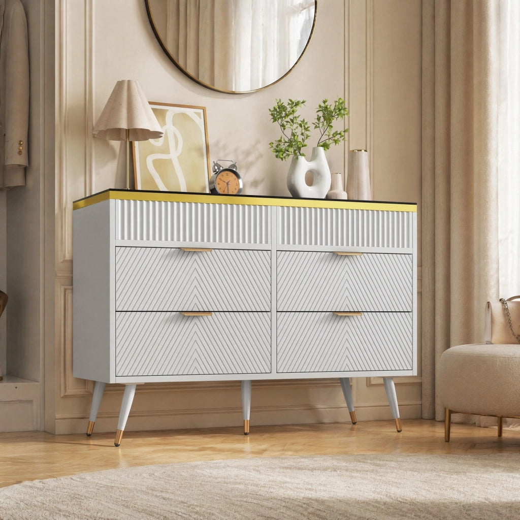 Cassettiera moderna con 6 cassetti, vetro marrone, struttura in truciolare e metallo, 120 x 40 x 76 cm