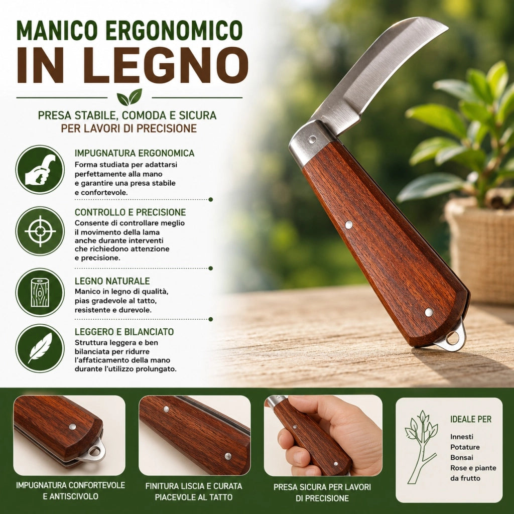 Coltello Innesto Pieghevole Lama Inox Manico Legno Giardinaggio