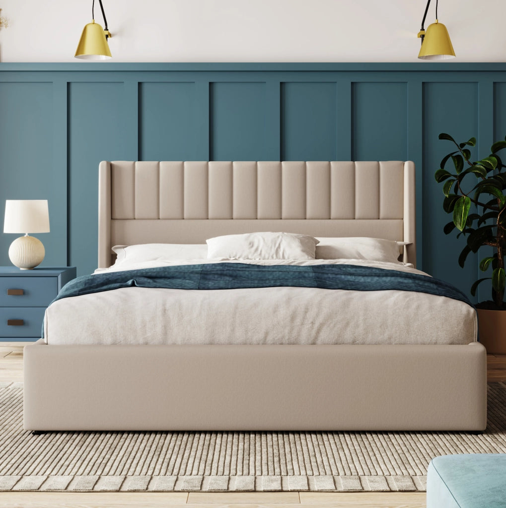 Letto contenitore imbottito beige 160x200 cm con sollevamento idraulico