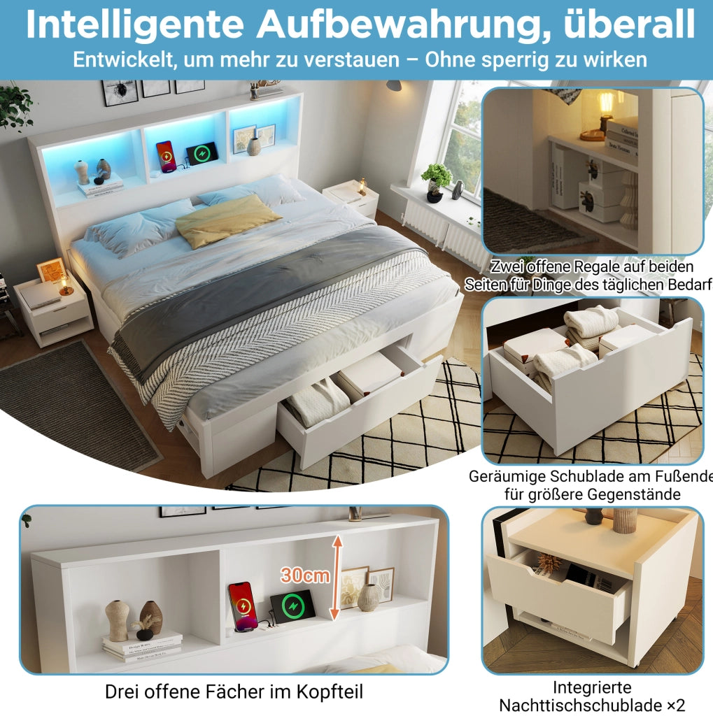 Letto matrimoniale 140x200 cm in legno bianco con LED; USB Type-C; comodini mobili e contenitore