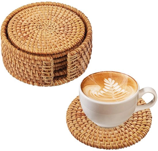 Set di sottopiani per bicchieri in vetro, con 6 pezzi, sottopiani per bicchieri in rattan artigianale, sottopiani per bicchieri in legno, sottopiani per bicchieri per bevande, tazze da tè, placemats, sottopiani intrecciati, regali per amici e familiari