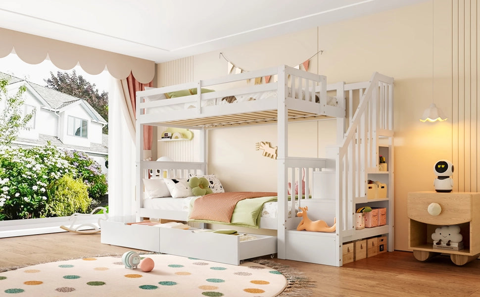 DESMIU Letto a castello per bambini 90 × 200 cm 1 posto con 2 cassetti, scaffale scala, senza materasso, in pino e MDF, bianco