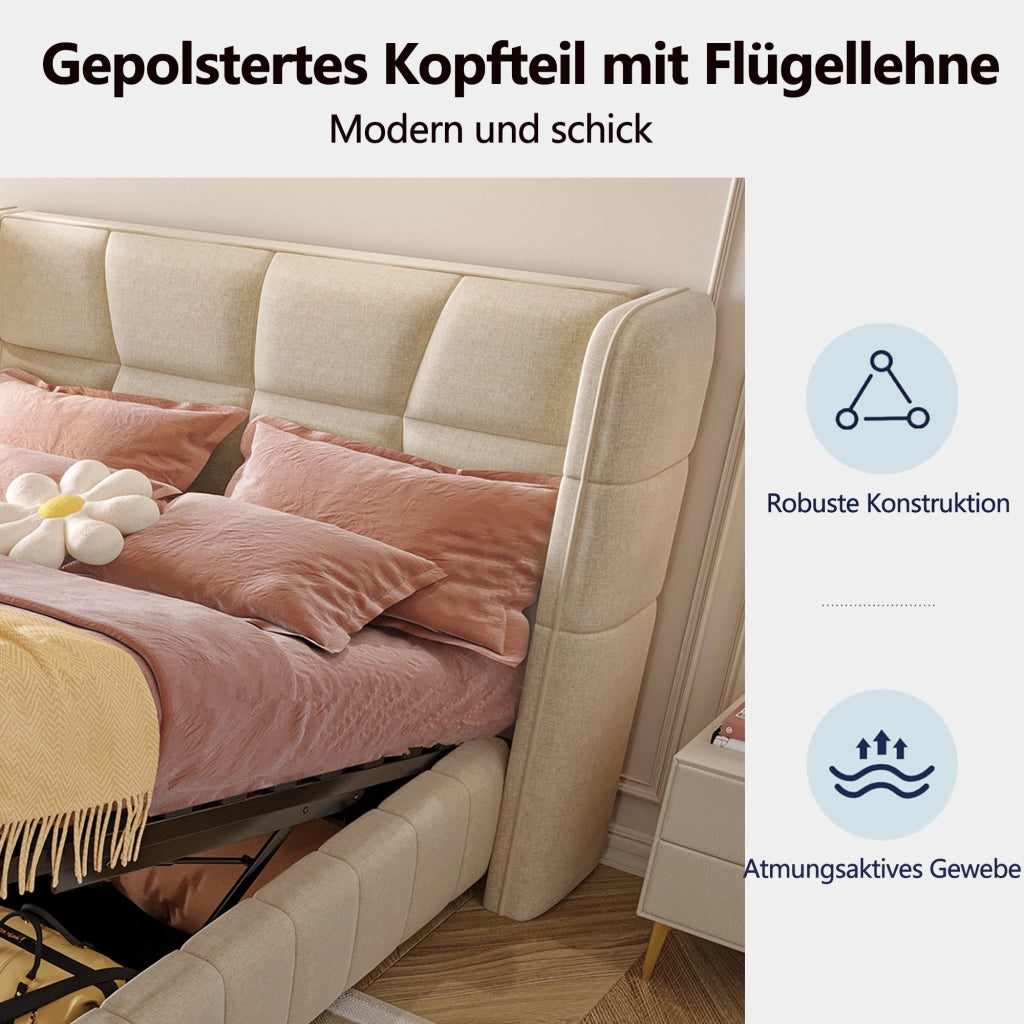 Letto per bambini 90 × 200 cm con contenitore sollevabile, testiera imbottita, senza materasso, beige