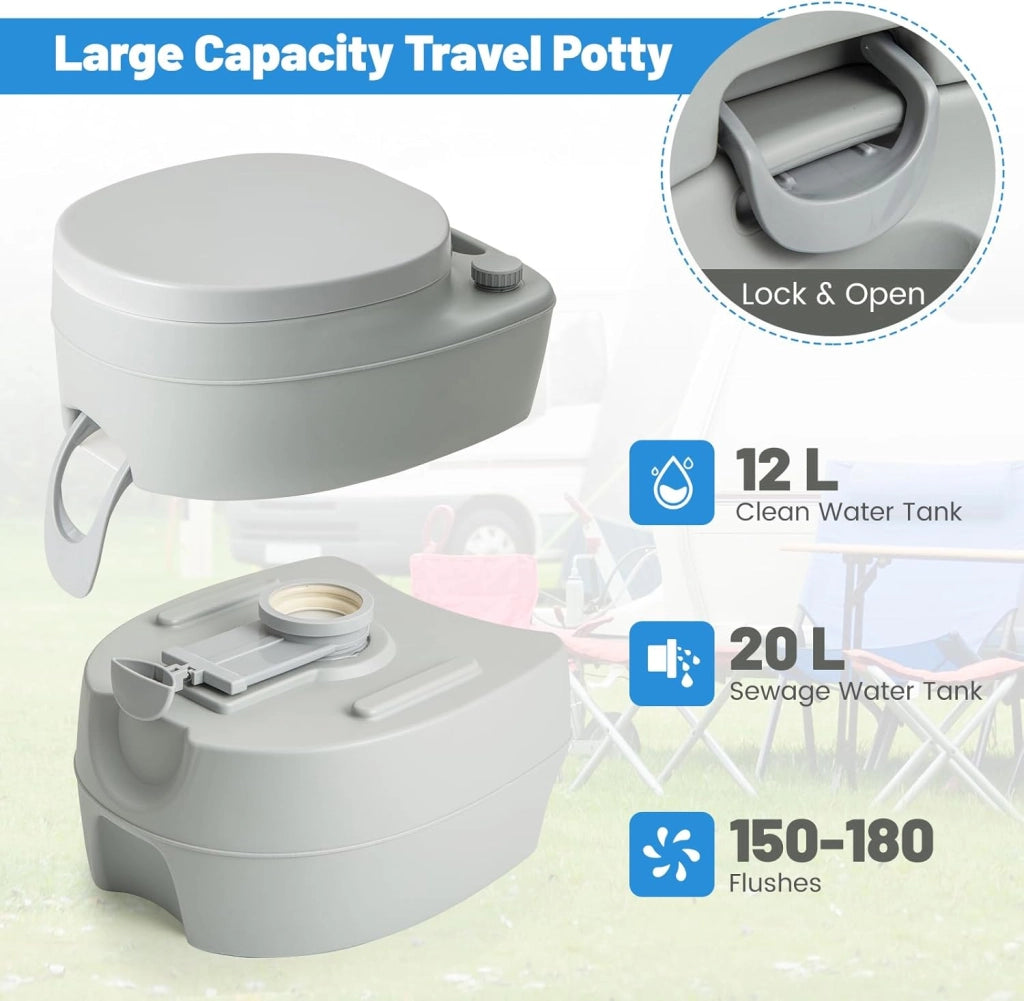 SOARS WC Portatile, Bagno Chimico con Pompa di Risciacquo, Serbatoio Acque Reflue 20L, Maniglia, Carico 150 kg, Altezza Seduta 40 CM, Toilette Portatile per Campeggio, Viaggi, Auto