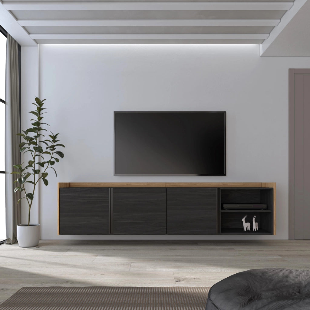 Mobile TV Soggiorno, 207x50x35 cm, Per TV fino a 80", Sospeso, da appendere, Nero e rovere