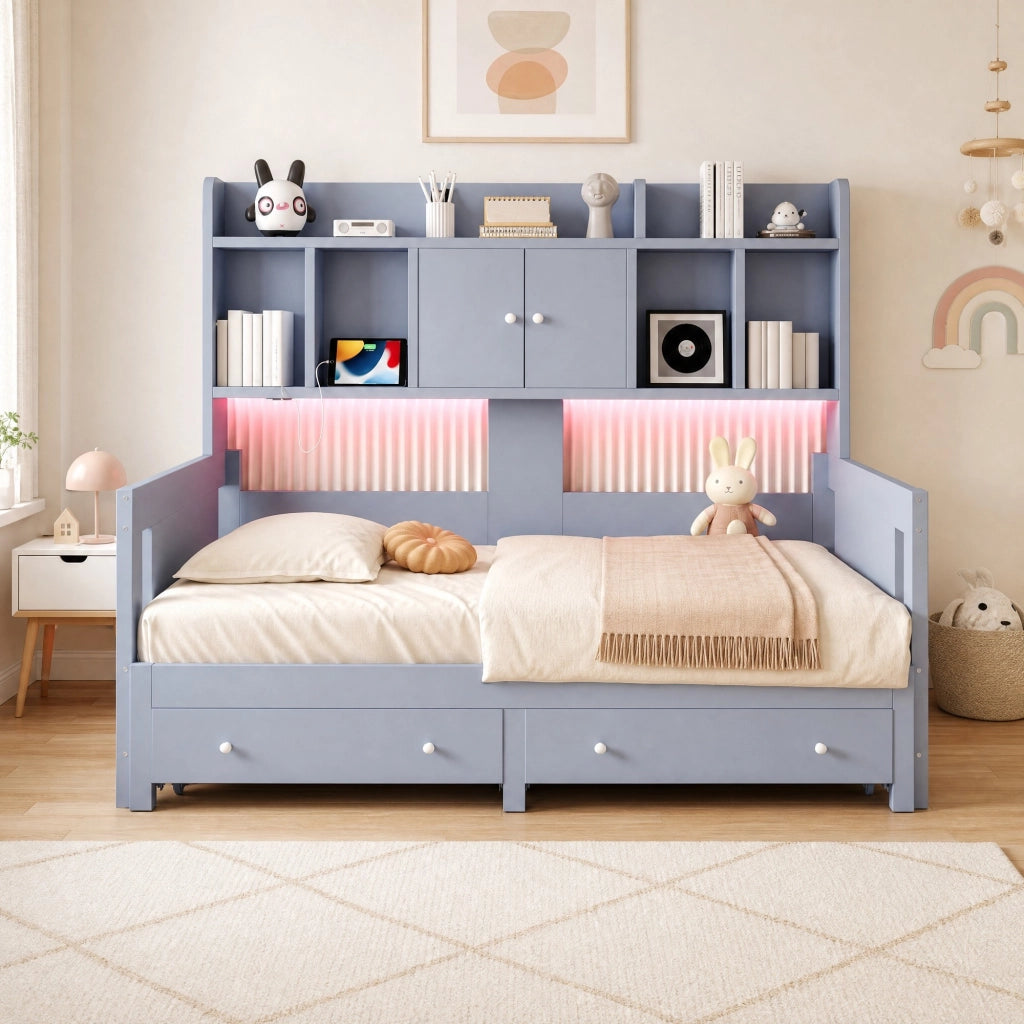 Divano letto estraibile 90x190 cm con cassetti, LED e prese