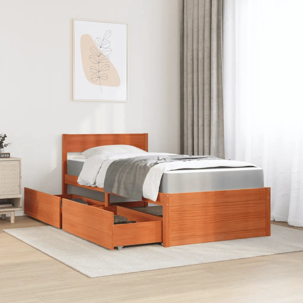 Letto Cassetti e Materasso Marrone Cera 100x200cm Massello Pino 3281906