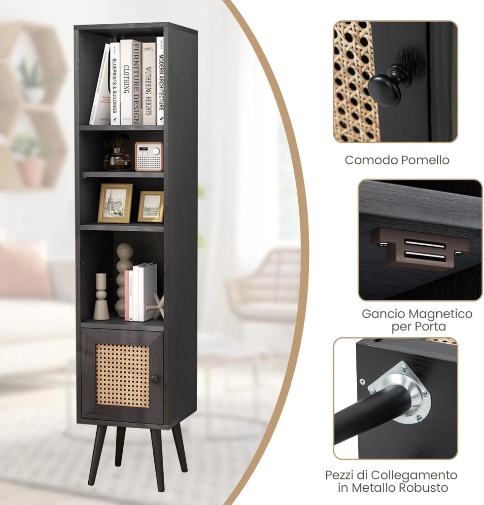 Libreria Scaffale con Anta in Rattan Naturale, Scaffale Legno in Stile Boho con 3 Ripiani Regolabili in 12 Posizioni, per Soggiorno Cucina e Camera da Letto, 29,5 x 29,5 x 137 cm (Nero)