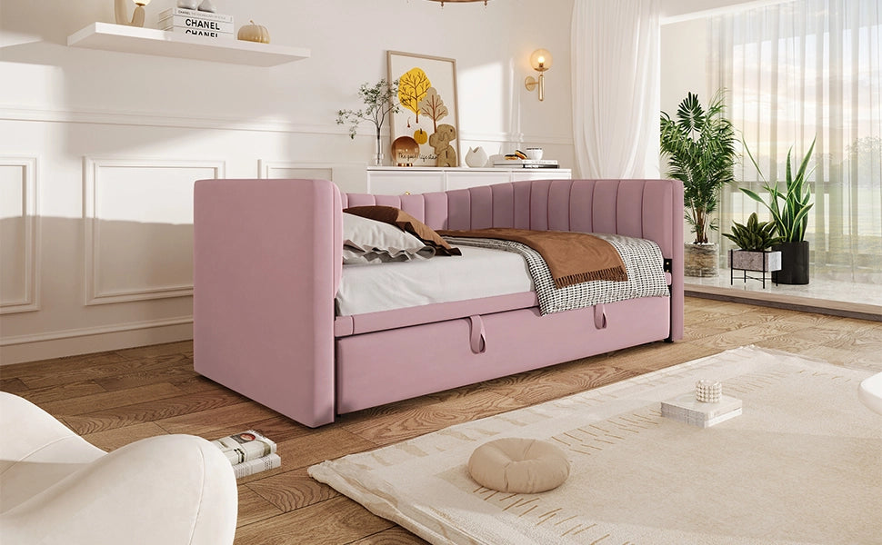 Daybed con letto estraibile e LED, 90x200/180x200 cm, velluto rosa