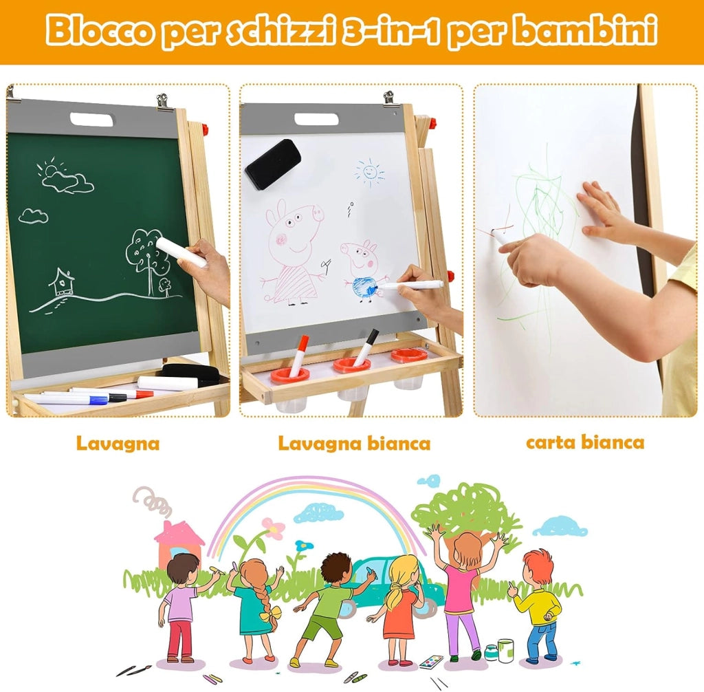Cavalletto 3 in 1 Pieghevole per Bambini, Cavalletto Artistico di Legno con Altezza Regolabile, con Doppia Lavagna e Vassoio (Grigio)