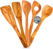 Set di cucchiai da cucina premium 5 pezzi - Fabbricato in UE 3 cucchiai + 2 spatole, legno di olivo duraturo, insieme da cucina duraturo e antibatterico H 30/32 cm