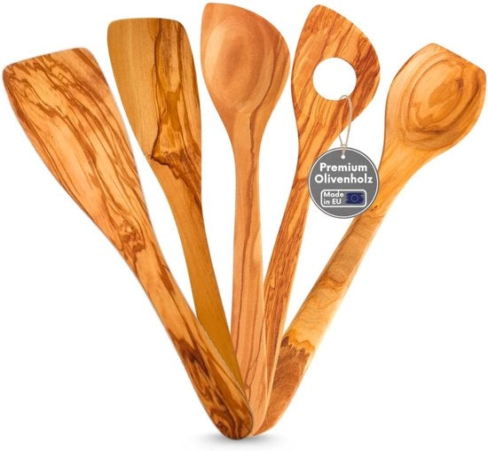 Set di cucchiai da cucina premium 5 pezzi - Fabbricato in UE 3 cucchiai + 2 spatole, legno di olivo duraturo, insieme da cucina duraturo e antibatterico H 30/32 cm