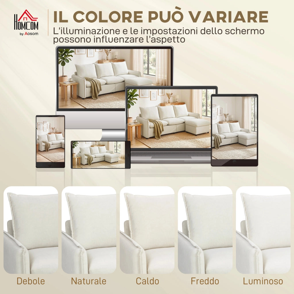 Divano Angolare 3 Posti Modulare in Tessuto con Contenitore e Poggiapiedi ¨C Zephmum ¨C Crema