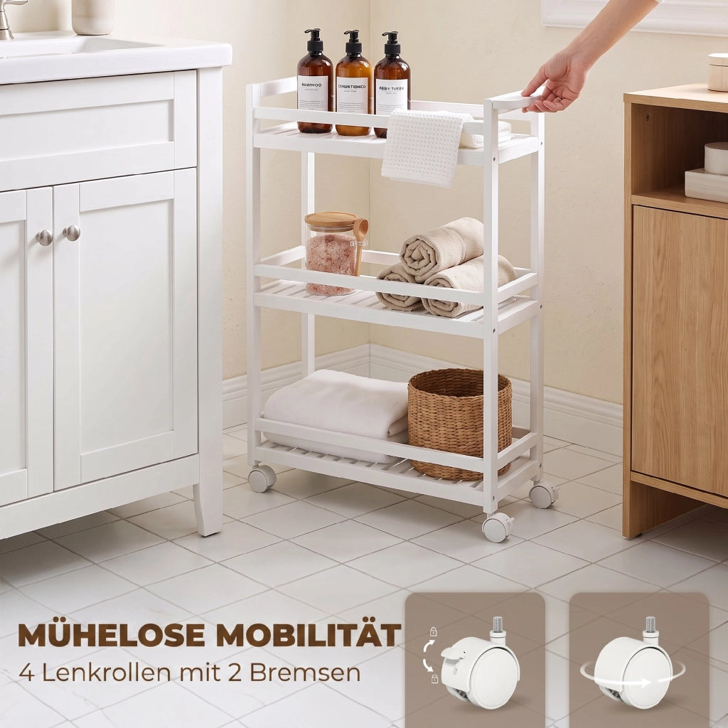 Carrello di servizio, 3 ripiani, ripiani a doghe, protezione anticaduta, bamb¨´, 55 x 20 x 75 cm