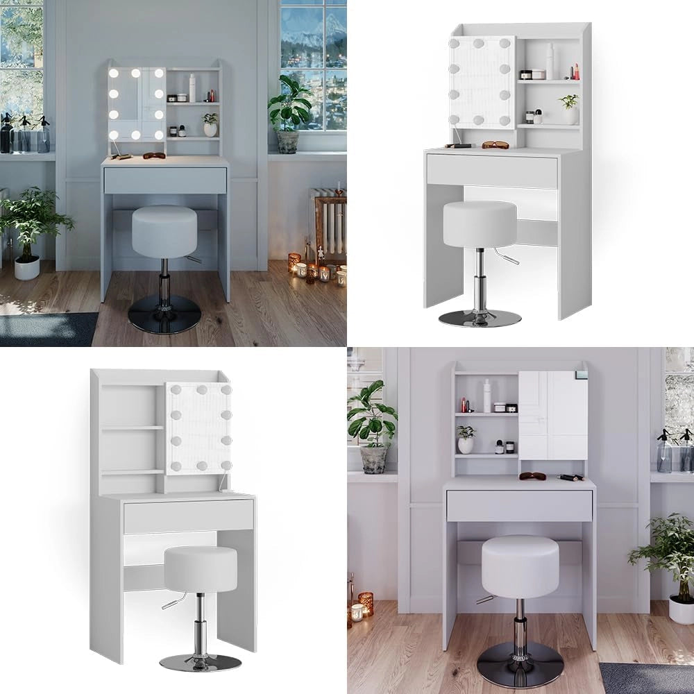 Tavolo da toeletta Laura, Bianco, 70 cm con illuminazione LED e sgabello, Luce integrata – non è necessaria una lampada da tavolo aggiuntiva