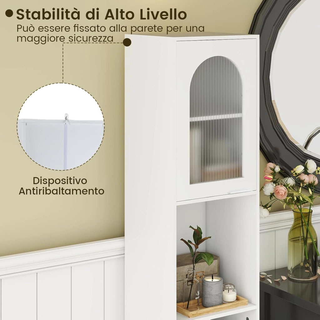 Mobiletto da Bagno, Armadio Alto in Legno con 2 Ante in Vetro Scanalato e Ripiani Regolabile, 35 x 30 x 180 cm, Mobile Salvaspazio per Cucina e Soggiorno (35 x 30 x 180 cm)