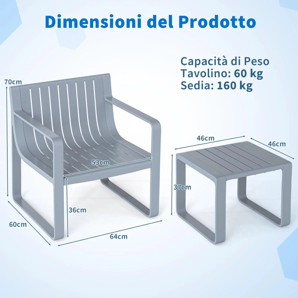 Set di Mobili da Giardino a 2 Pezzi, Poltrona e Tavolino da Giardino, Set da Bistro a Doghe per Patio, Sedia in PP e Tavolino da Caffè Quadrato, Portata 160 kg + 60 kg