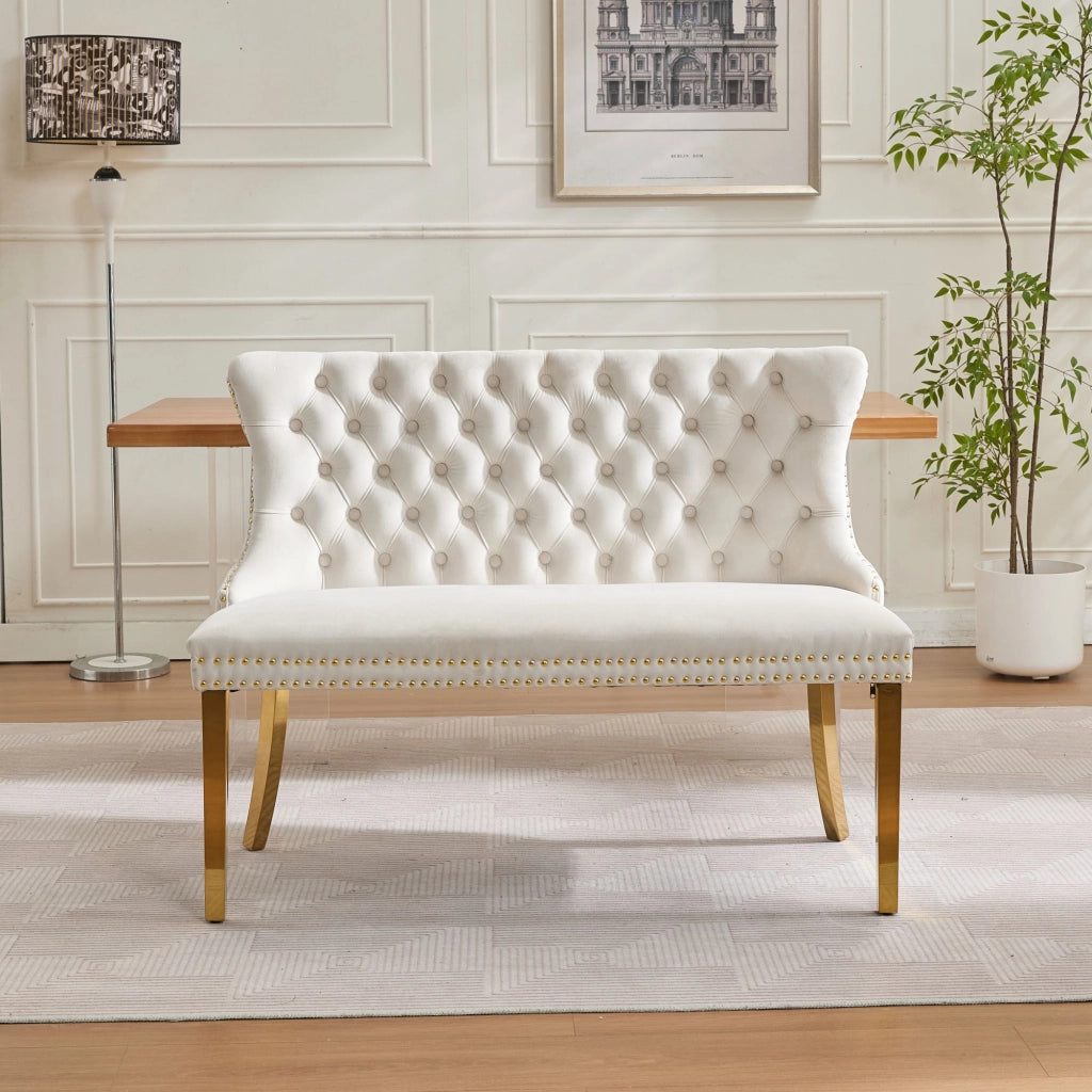 Panchina 2 Posti Imbottita in Velluto ¨C MINIMAL ¨C Beige, Gambe Dorate, Design Moderno