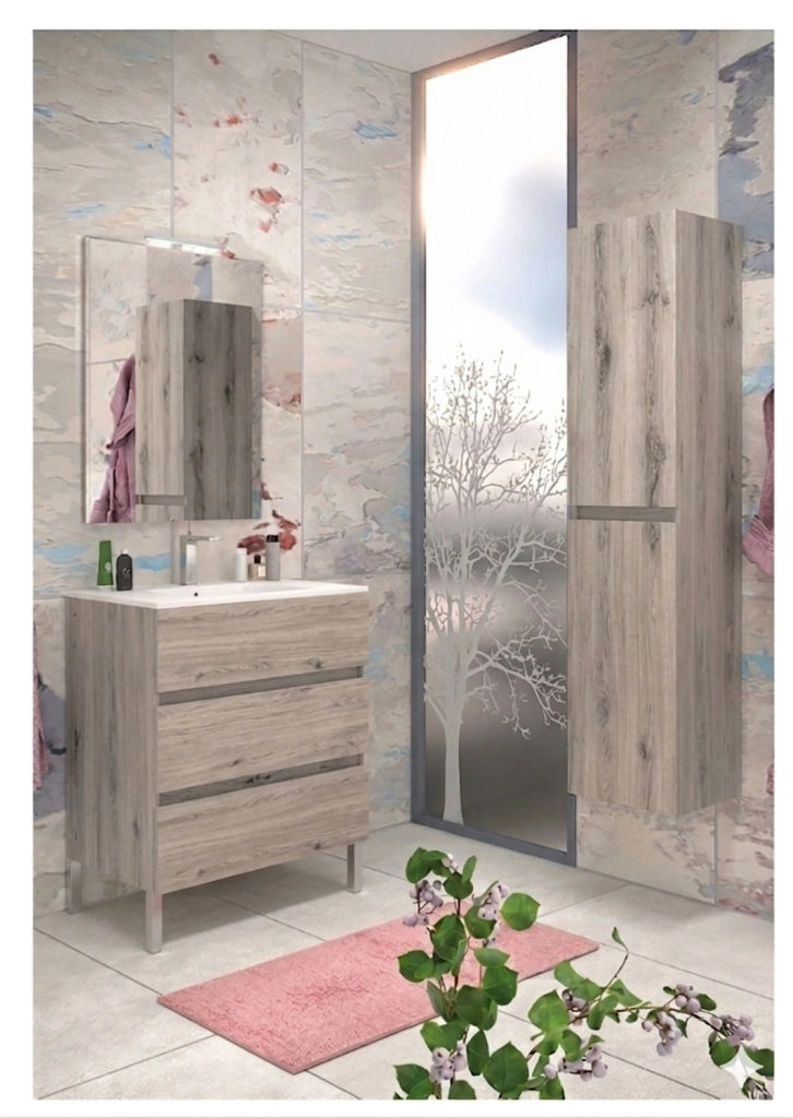 Mobile da Bagno a Terra con Lavabo 100 cm e Specchio Bali Light Rovere Naturale