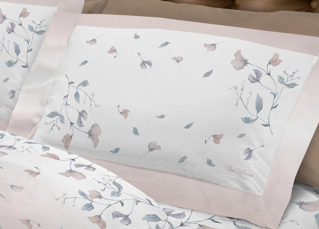 Completo Lenzuola In Morbida Flanella Linea SuperEuropa Disegno Pea Flower - Matrimoniale - Beige