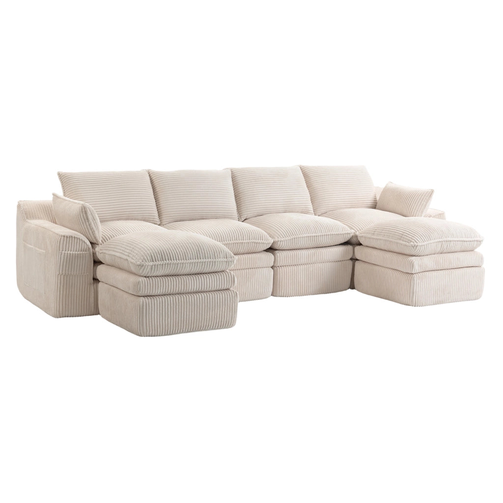 Divano modulare ULEVR 335x167x85 cm in velluto a coste beige con tasche laterali e molle interne