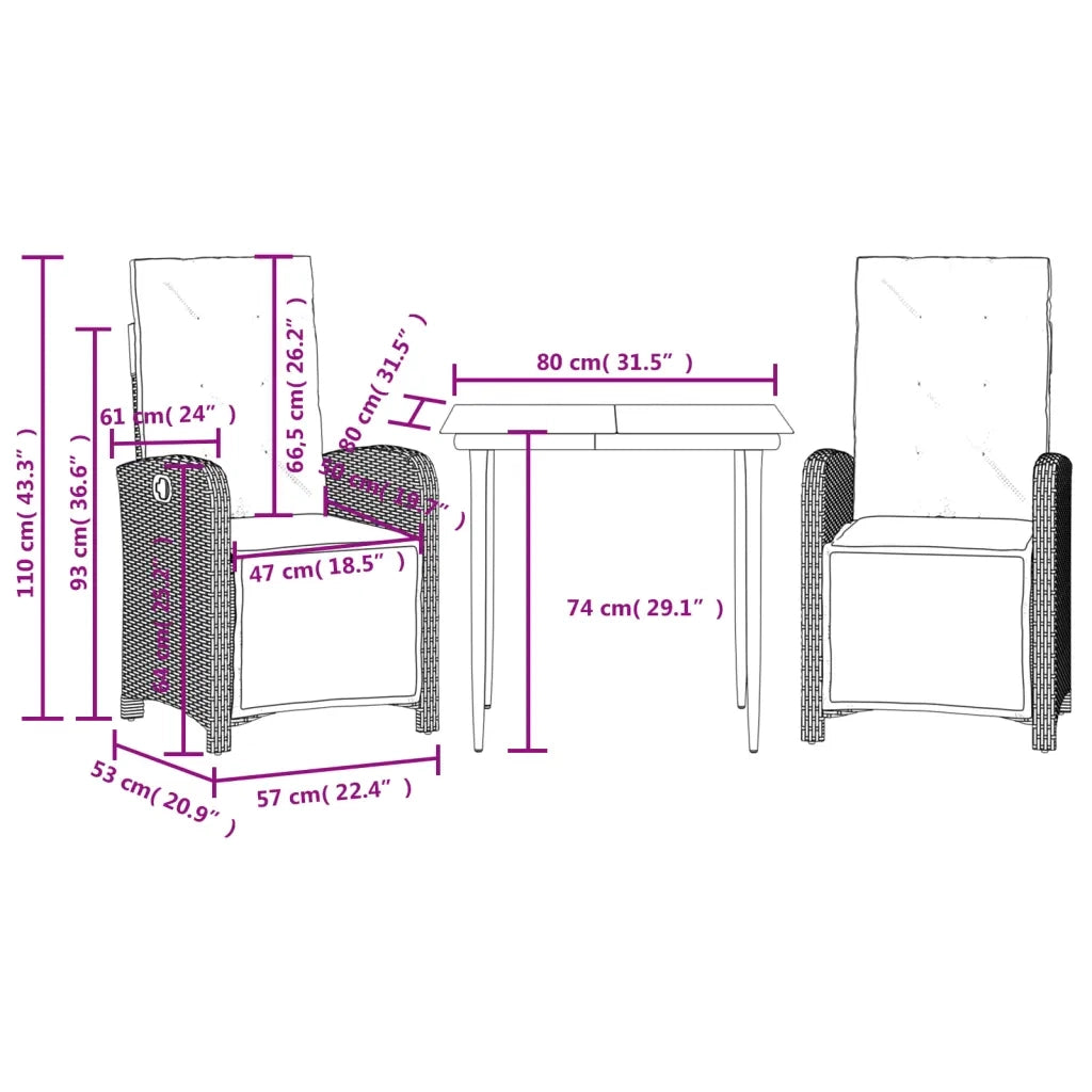 Set da Bistr¨° 3 pz | Set Salotto da Giardino con Cuscini Grigio in Polyrattan