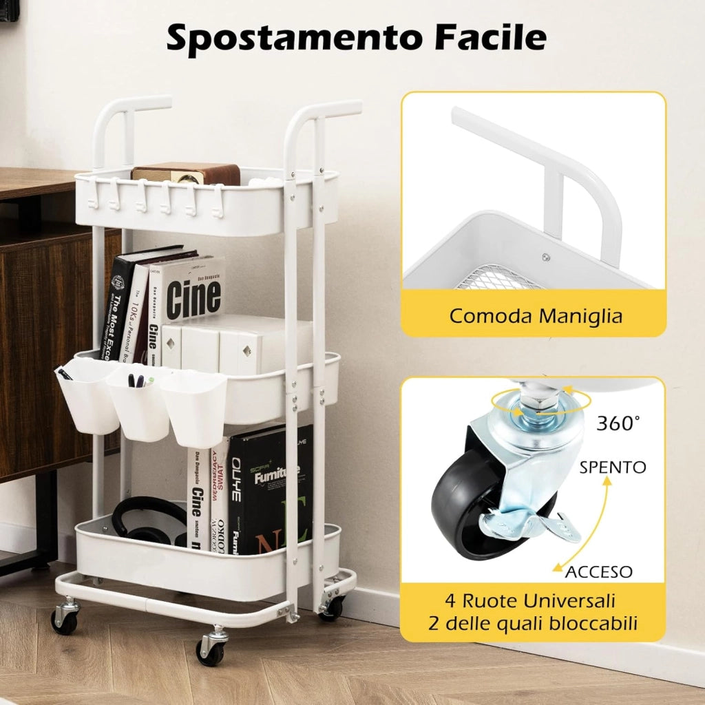 Carrello a 3 Ripiani, Carrello da Cucina Pieghevole con 3 Tazze Appendibili e 6 Ganci, Carrello da Conservazione Multiuso per Casa Ufficio, 45 x 37 x 92 cm