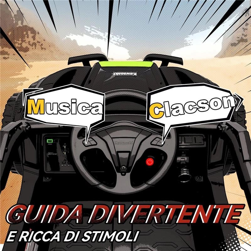 MACCHINA ELETTRICA PER BAMBINI 3-5 ANNI 12V CON LICENZA KAWASAKI, DOPPIO MOTORE, TELECOMANDO E MUSICA, NERO