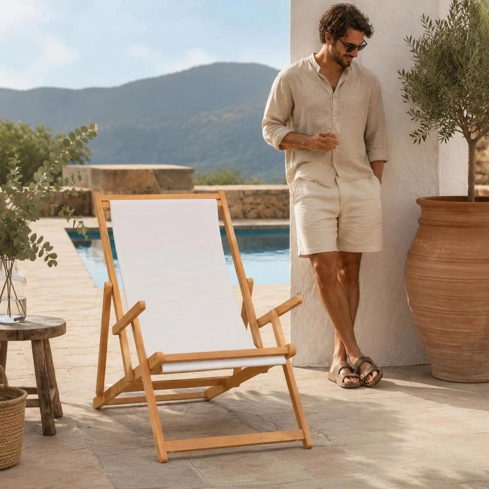 Folding Beach Chair, Solid Teak Wood, Cream