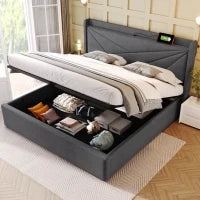 Letto Matrimoniale con Contenitore, Funzione di Ricarica USB Tipo C, in Cotone Lino, Senza Materasso, 160x200cm, Grigio