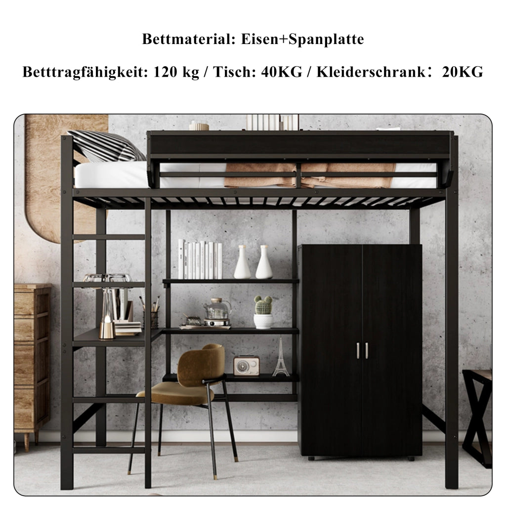 DESMIU Letto a soppalco 1 posto con scrivania, armadio, ripiani e scala a 5 gradini 90 × 200 cm, senza materasso