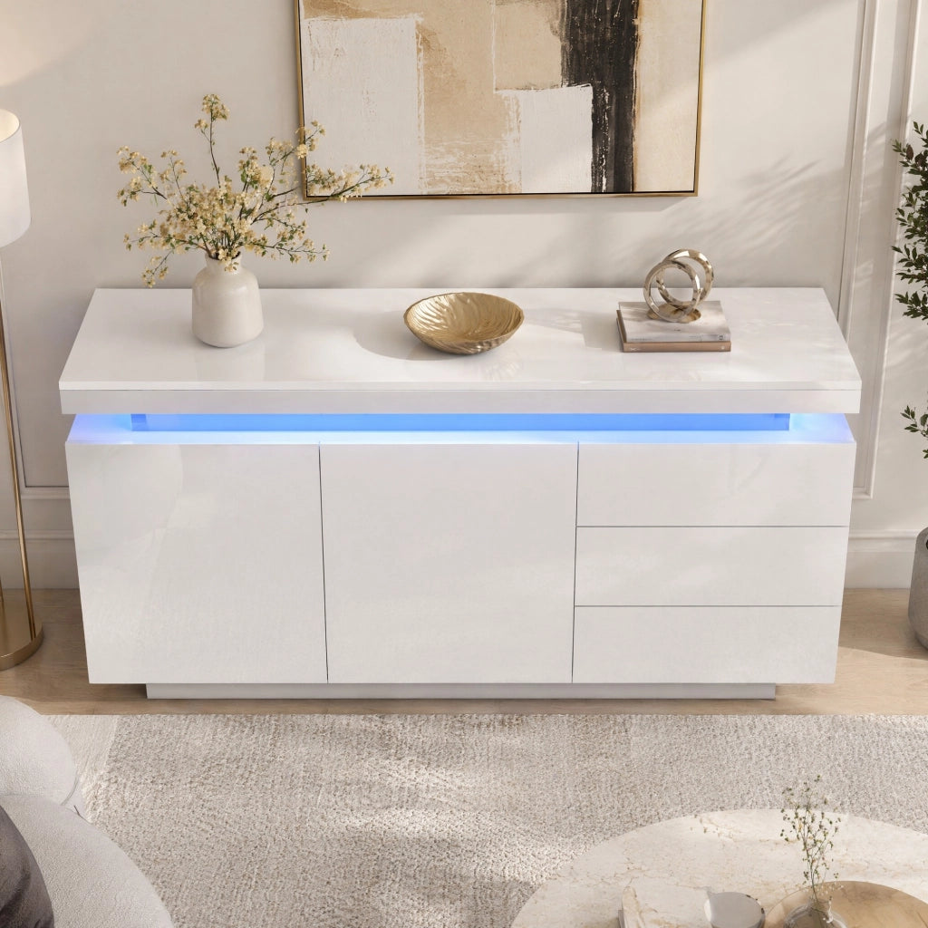 Credenza con LED RGB, 2 ante e 3 cassetti, bianca