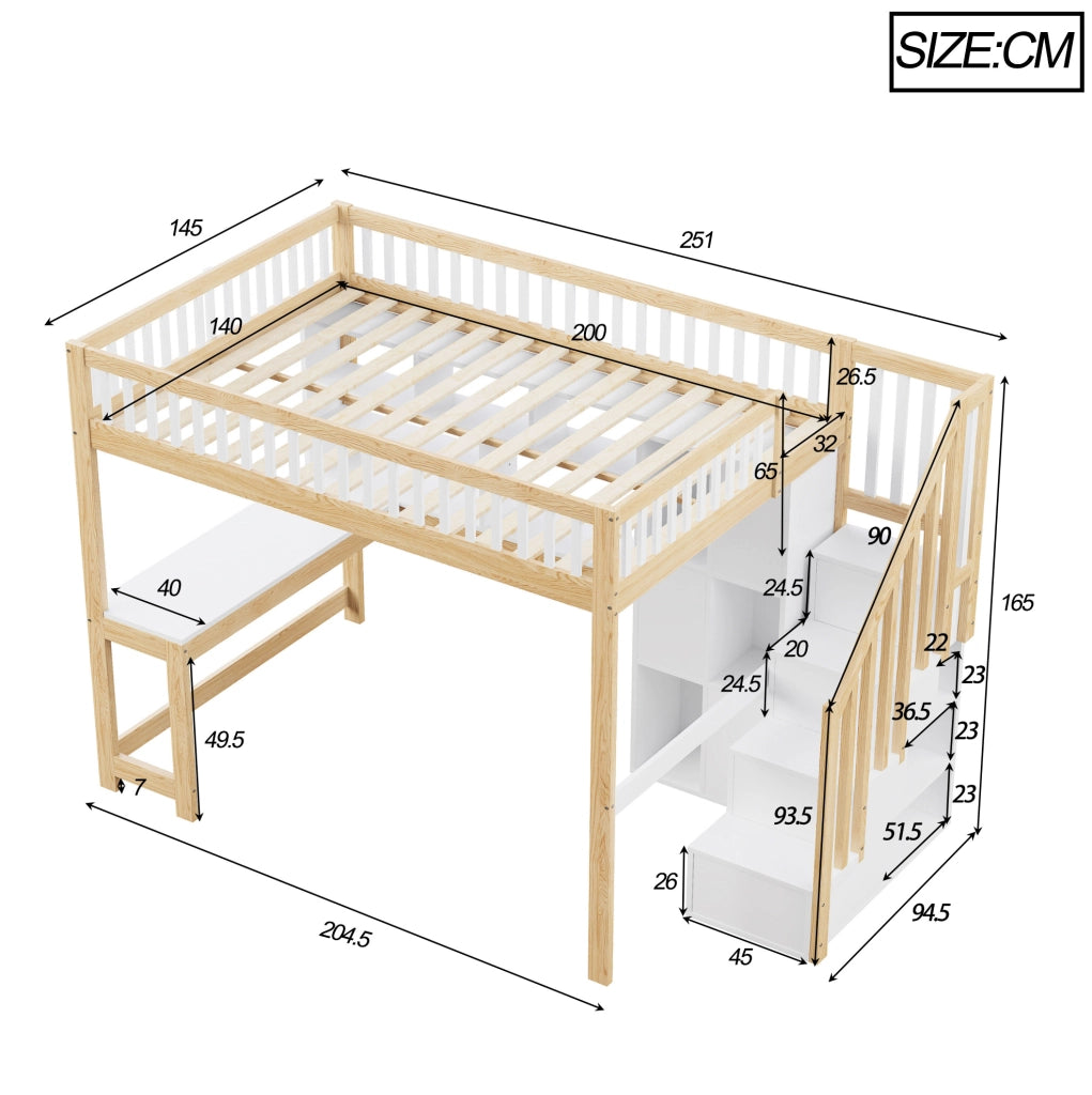 Letto a soppalco con scrivania e LED 140x200 cm bianco/naturale